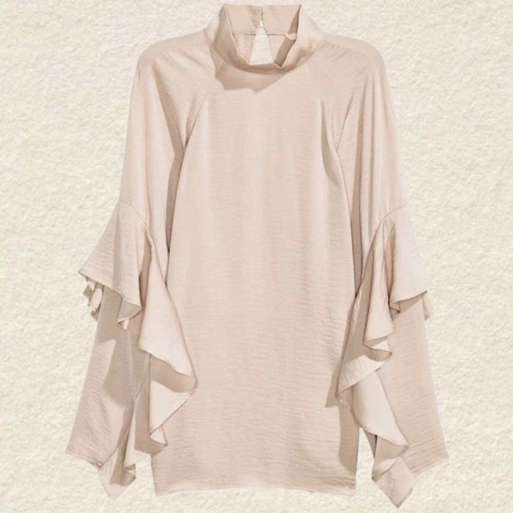 H&M Conscious Cream Ruffle Long Sleeve Silky Retro Style Blouse High Neck Sz 10
